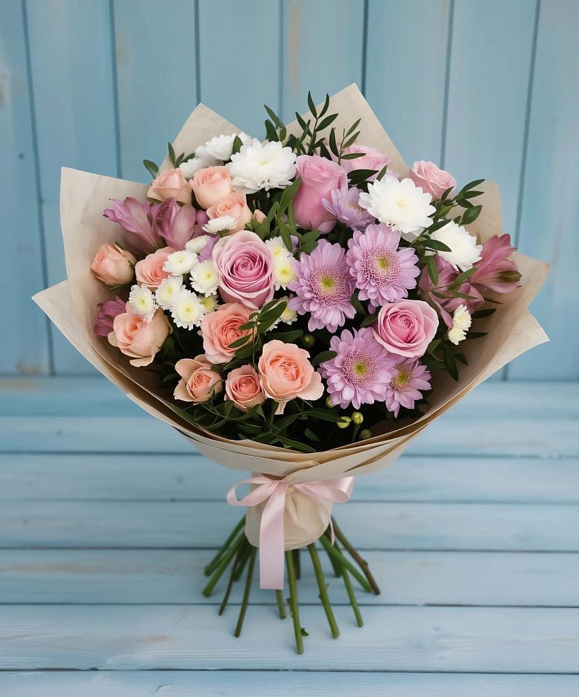 Букет цветов из: Хризантемы, Розы и Альстромерии в Карагайлинском