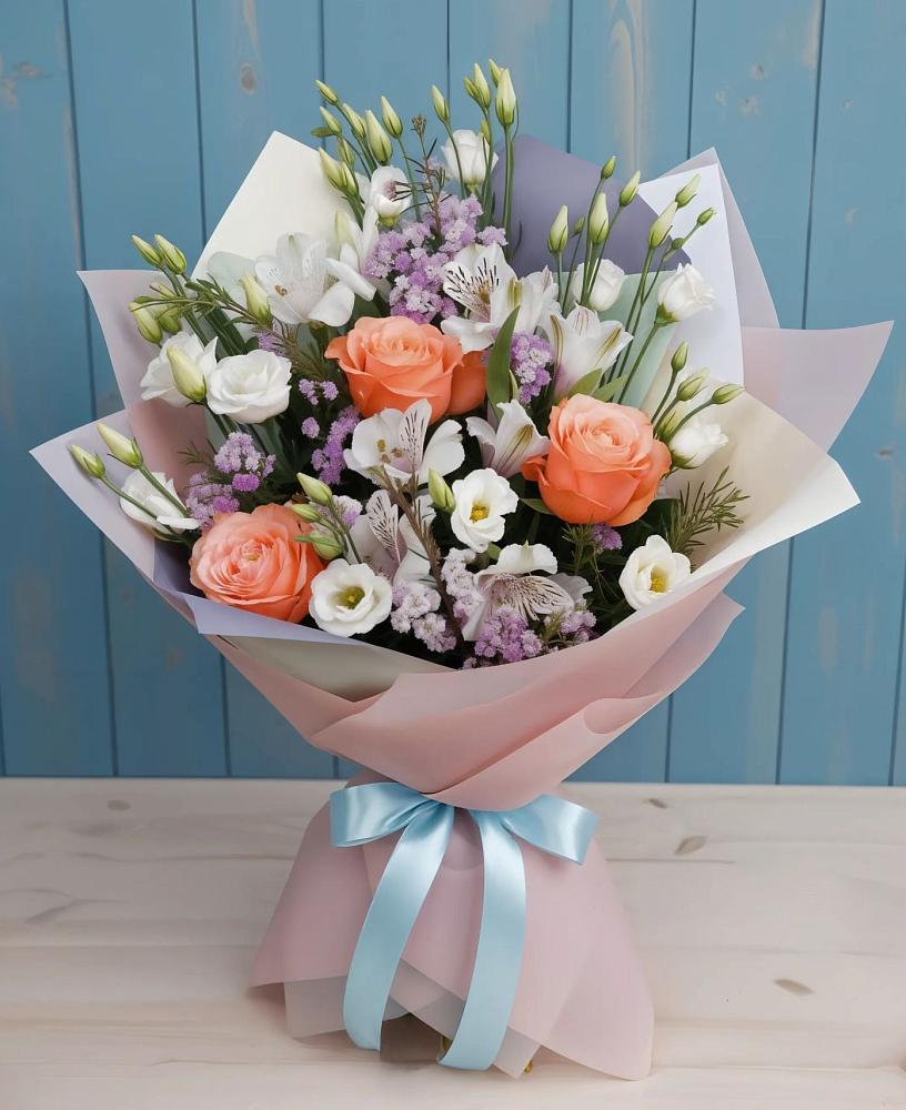 Букет цветов из: Лизиантусы, Розы, Альстромерии и Гипсофила в Карагайлинском