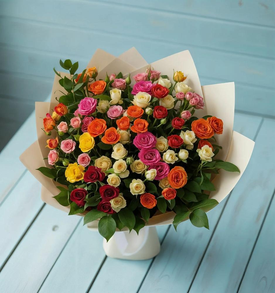 Букет Микс из разноцветных кустовых роз в Карагайлинском