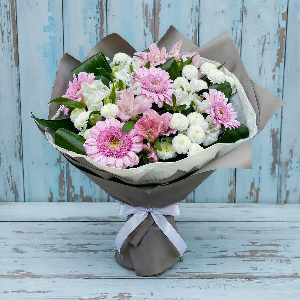 Букет цветов из: Герберы, Альстромерии и Хризантемы в Карагайлинском